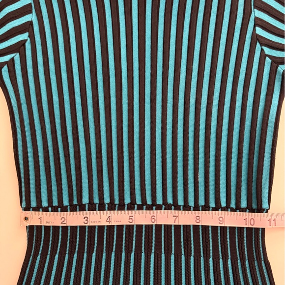 Nanette Lepore Teal & Black Vertical Stripes Mid Century Mod Cocktail Knit Dress - Picture 9 of 10